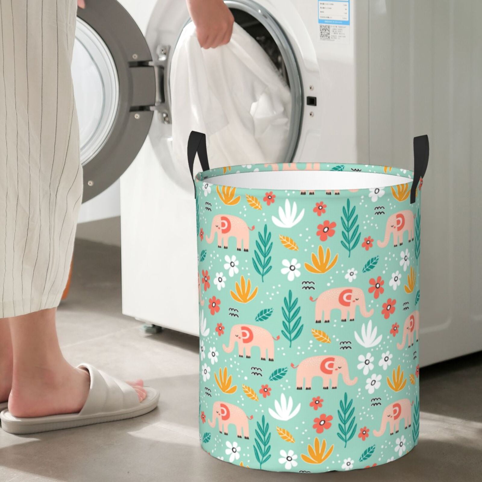 Large Laundry Basket with Handles - Elephant and Flowers Kids Baby Dirty Clothes Laundry Hamper for Bedroom Aesthetic