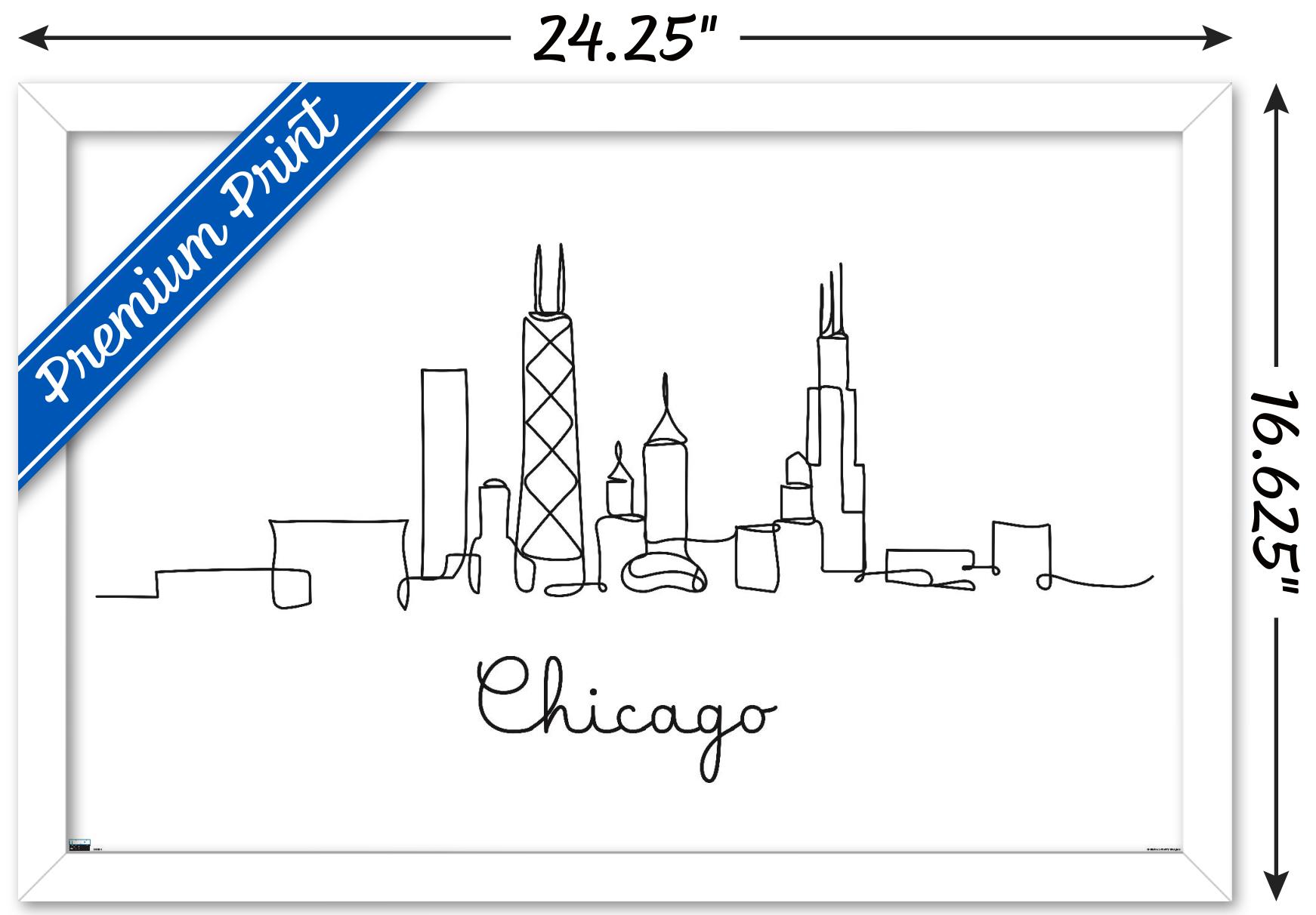 Line Art Skyline - Chicago Wall Poster, 14.725" x 22.375", Framed