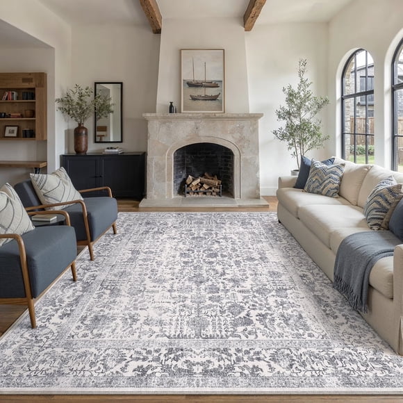 BERTHMEER 4'x6' Area Rugs Washable Vintage Oriental Rugs for Office Entryway Bedroom Throw Rugs Non-slip, Navy Blue