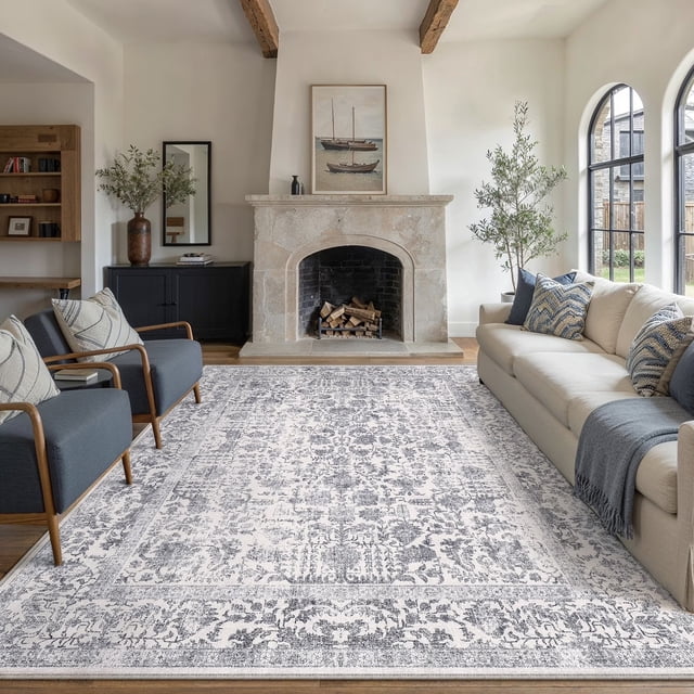 BERTHMEER 6'x9' Oriental Area Rugs Washable Vintage Rugs for Living Room Farmhouse Dining Room Office Throw Rugs Non-slip, Navy Blue
