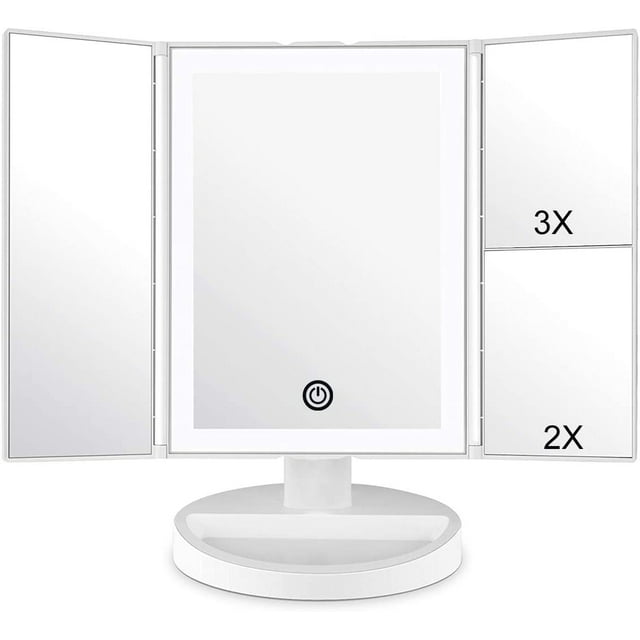 WEILY Miroir de Maquillage pour Coiffeuse avec Éclairage DEL et Écran Tactile, Trois Volets Grossissement 1x 2X 3X, Rotation Réglable à 180°, Double Alimentation, Miroir Cosmétique de Comptoir (Blanc)