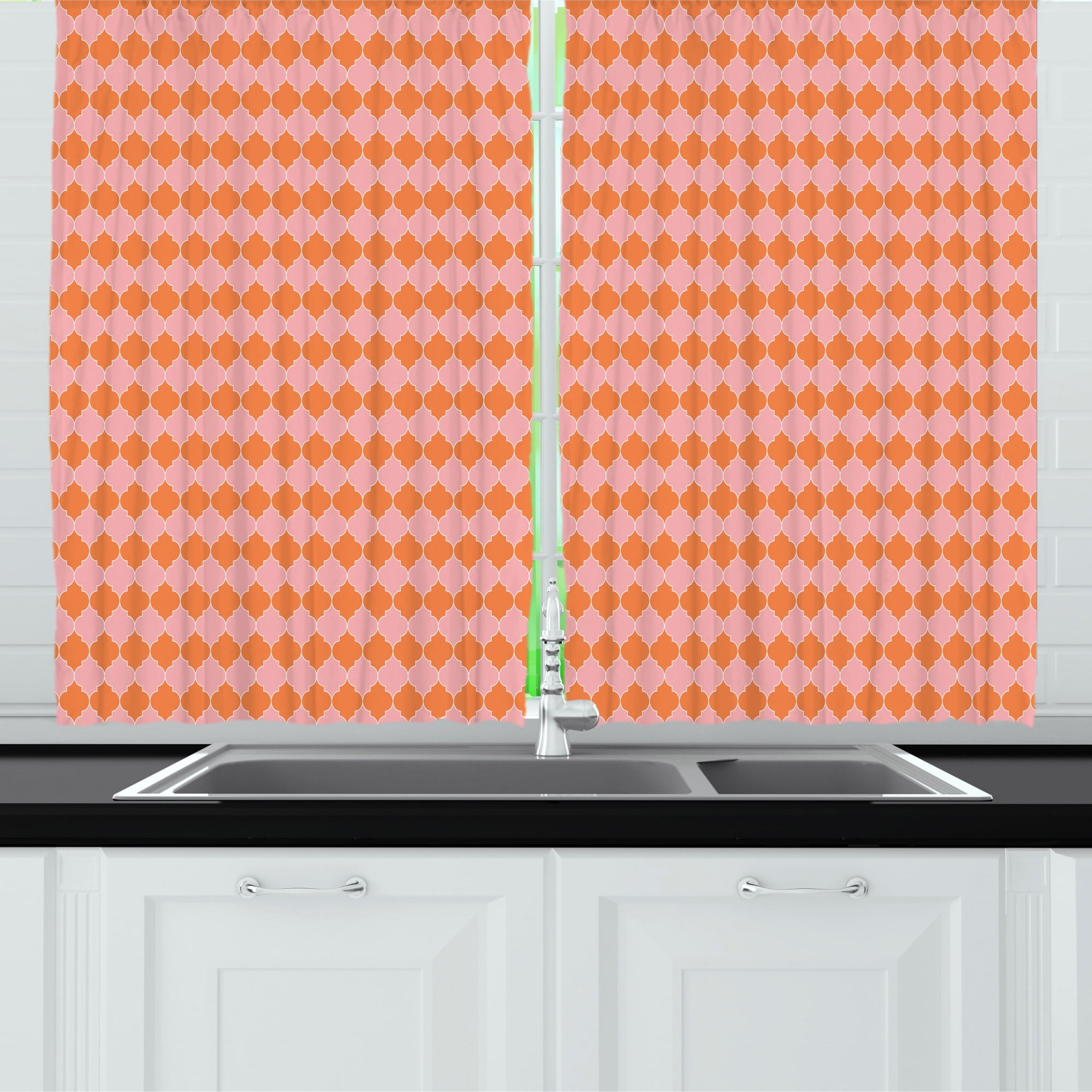 Pink and Orange Kitchen Curtains, Moroccan Style Pastel Bicolour Mesh Pattern of Like Ornaments, Two Panels Drapes with Rod Pocket Room Decor, 55