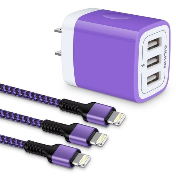 AILKIN Compatible with iPhone Charger Fast Charging 3Pack Usb A Light-ning Cables 6ft Cords 3.1A Three Port Charger Blocks Compatible with iPhone 14/13/12/11,Purple