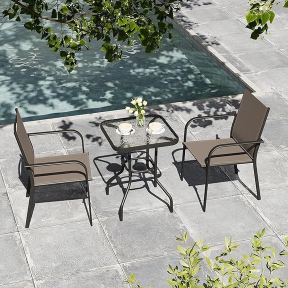KAMEROUT 3 Pieces Patio Furniture Set, Textilene Fabric Conversation Bistro Set with 2 Chairs and 1 Table, Beige