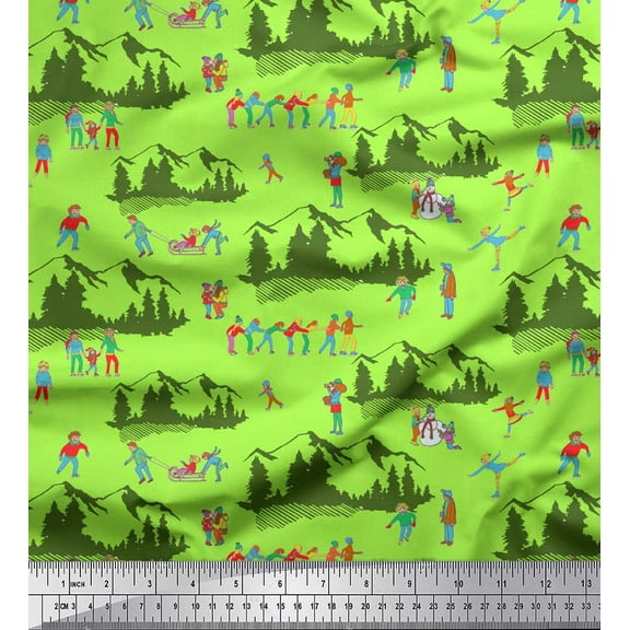 Soimoi Green Poly Georgette Fabric Humans,Sleigh & Mountains Holiday Printed Fabric 1 Yard 42 Inch Wide