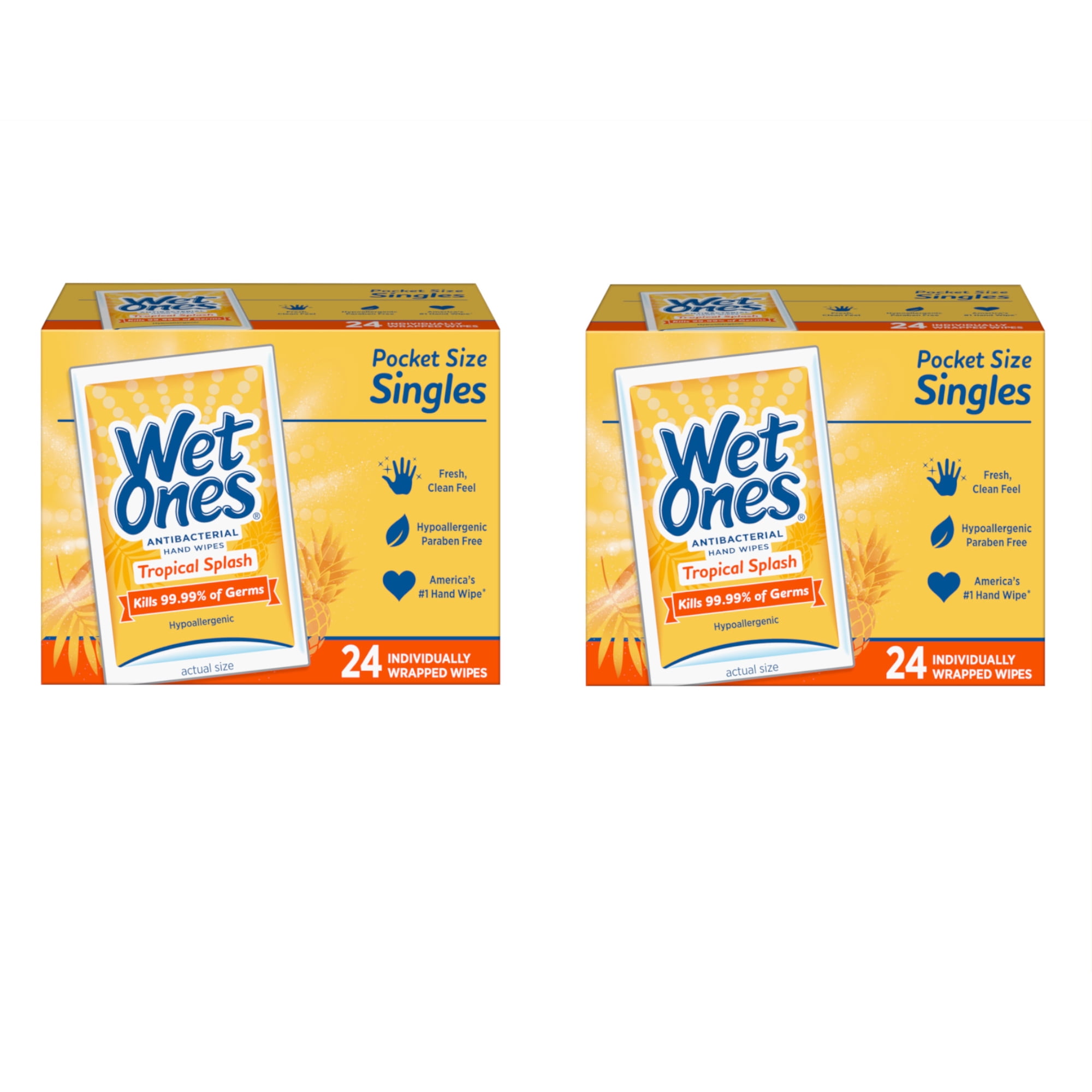 Wet Ones Antibacterial Hand Wipes Tropical Splash Pocket Size Singles Individually Wrapped Hypoallergenic Paraben Free, 24 Count (Pack of 2)