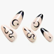 White Press on Nails Medium French Tip, GLAMERMAID Gothic Short Fake Nails Almond, Acrylic False Nail Kits with Snake Design, Stick Glue on Nails Sets with Adhesive Tabs, Oval Gel Nails for Women Gift
