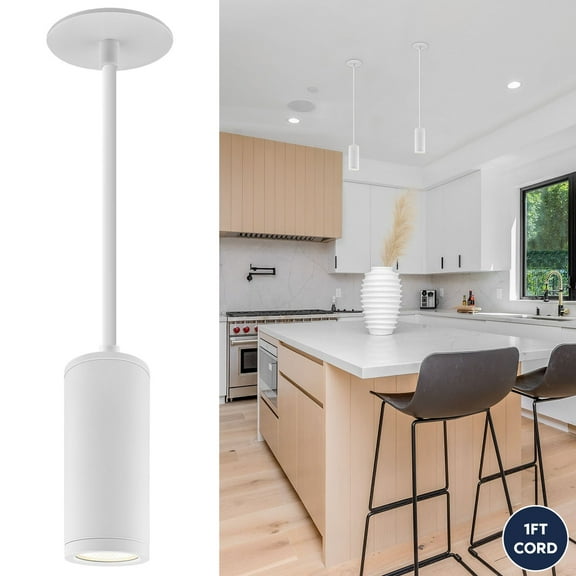 LUXRITE 2.5-Inch LED Cylinder Pendant Light, 5CCT 1100LM, 15W, CRI90, Dimmable, 1FT Recessed Cable, 120277V, ETL White