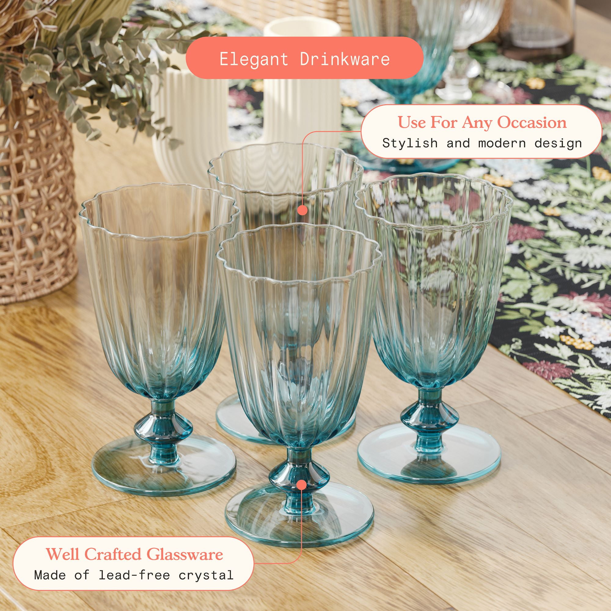 Beautiful Scallop Glass Goblets Set of 4 Cornflower Blue by Drew Barrymore