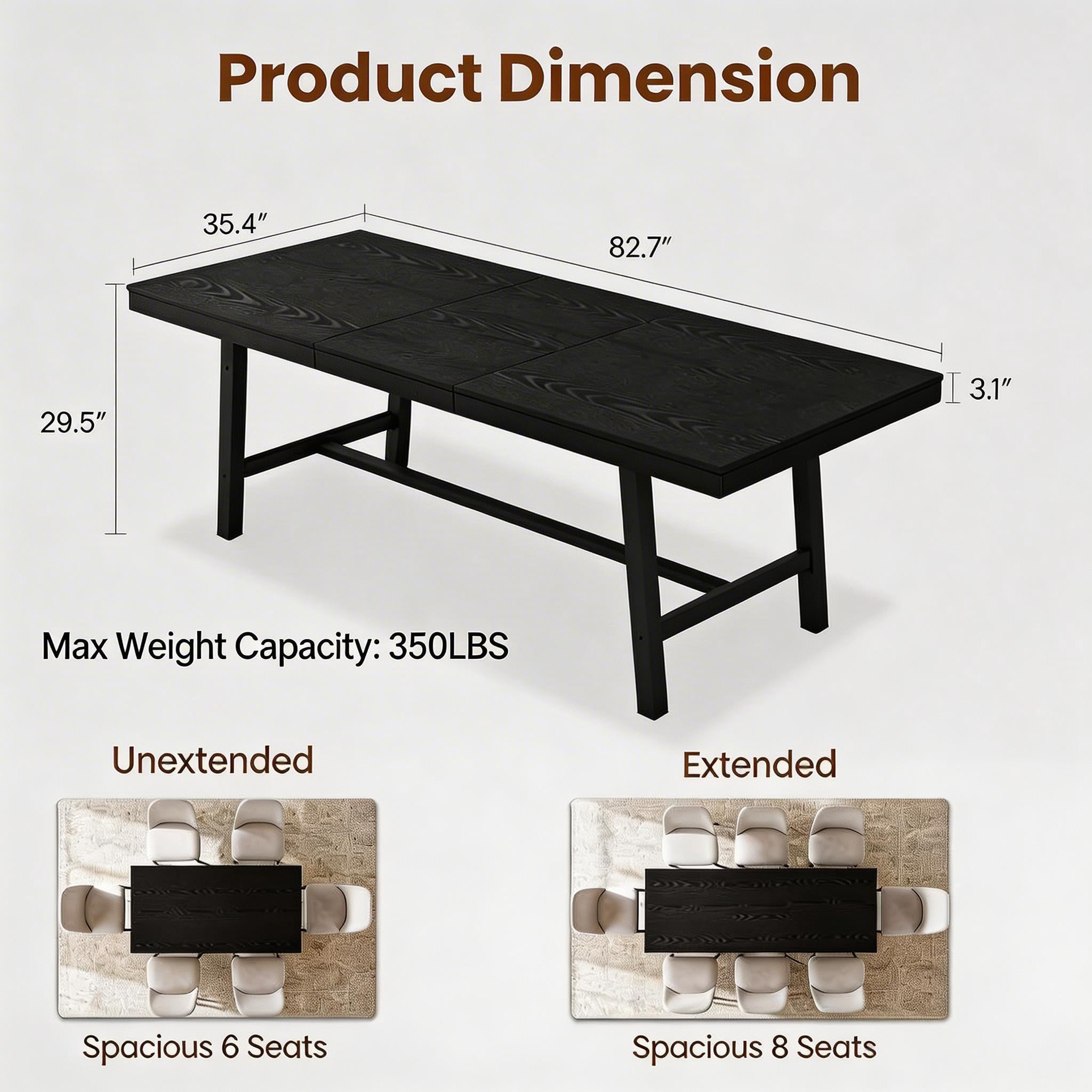 63"-83" Extendable Industrial Dining Table - Seats 6-8 - Expandable Rectangular Kitchen Table with Metal Frame for Parties-Black