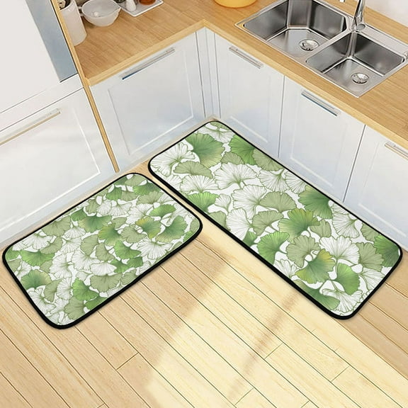 Green Leaves Kitchen Mats Set 2 Piece Non Slip Floor Foam Rugs Cushioned Soft Waterproof Carpet Runner for Dining Room Bathroom Laundry