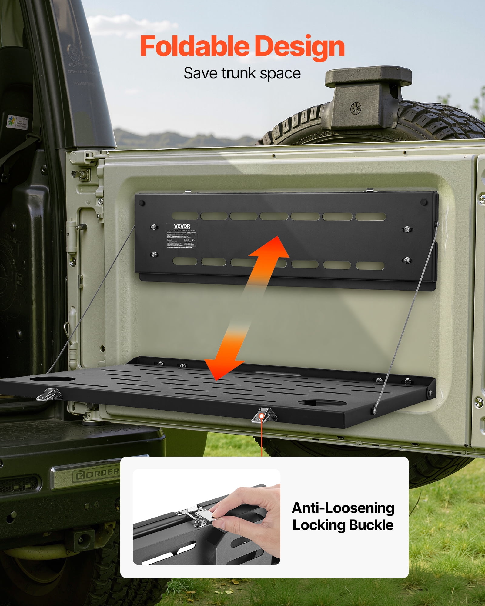 VEVOR Tailgate Table, for 2021-2025 Ford Bronco, 88 lbs Load Capacity, Carbon Steel Foldable Molle Panel Drop Down Table, Rear Door Cargo Storage Rack Shelf Luggage Holder Carrier Camping Accessories