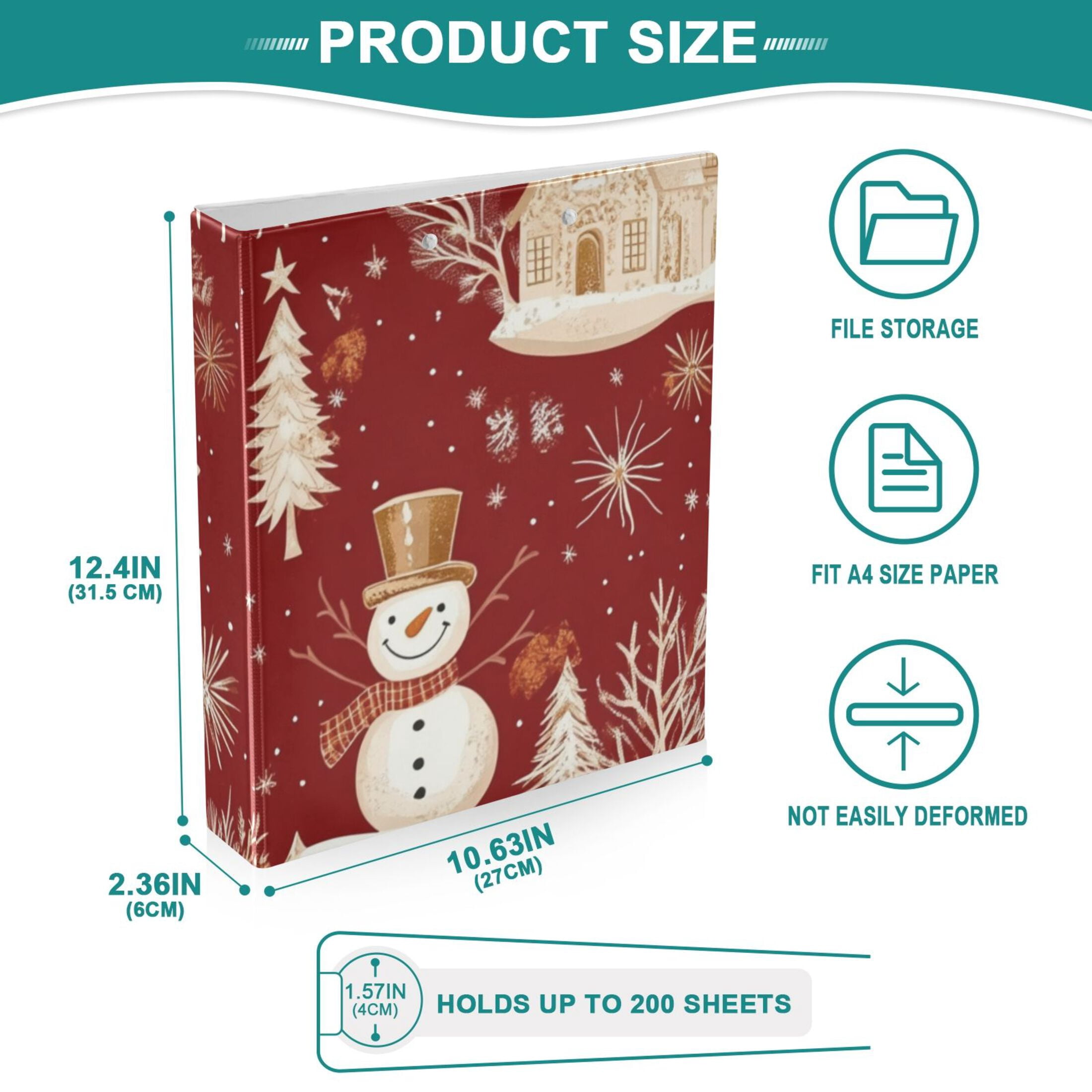 Christmas Snowmans Houses Red 3 Ring Binders 1.5 inch Hardcover File Folders with Interior Pockets A4 Size Organizer for School Office Hospital Set of 2