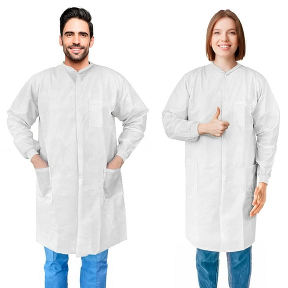 Disposable Lab Coats for Adults, Large. Pack of 30 White Knee Length Lab Coat. SMS 50 GSM Disposable Coats Medical. PPE Coat with Knit Collar & Cuffs, Plastic Snaps, 3 Pockets