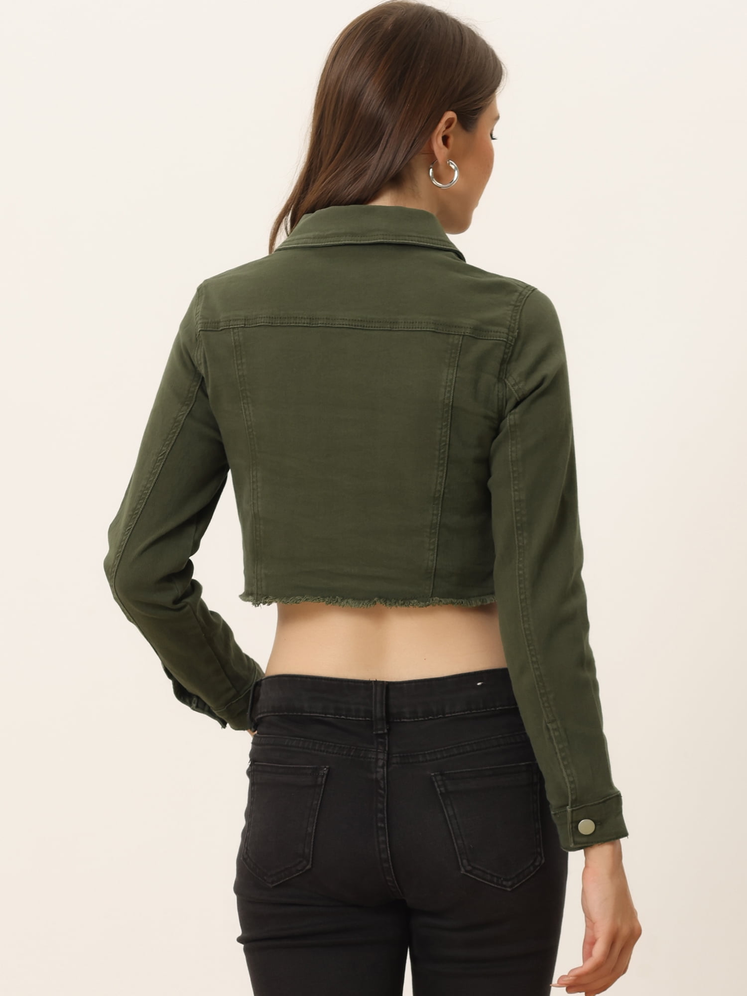 DARING DIVA Women's Frayed Button Up Washed Cropped Denim Jackets L Olive Green