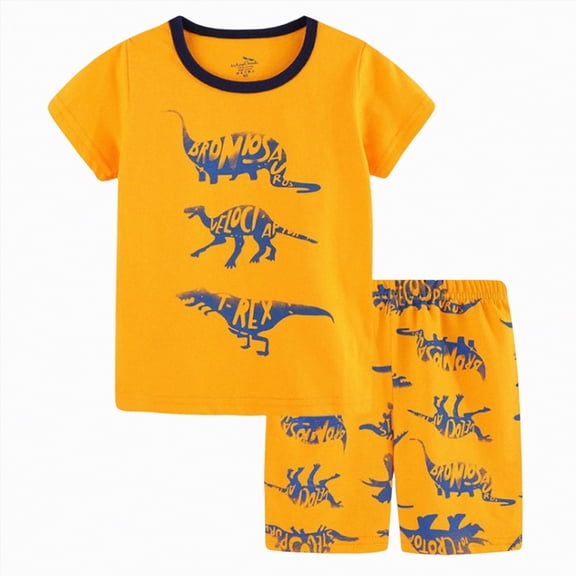 KPOPLK Toddler Baby Boy Summer Clothes 6 12 18 24 Months 2T Cartoon Print T-Shirt Shorts Sets Casual Truck Excavator Dinosaur Outfits Size 7-8 Years,Yellow
