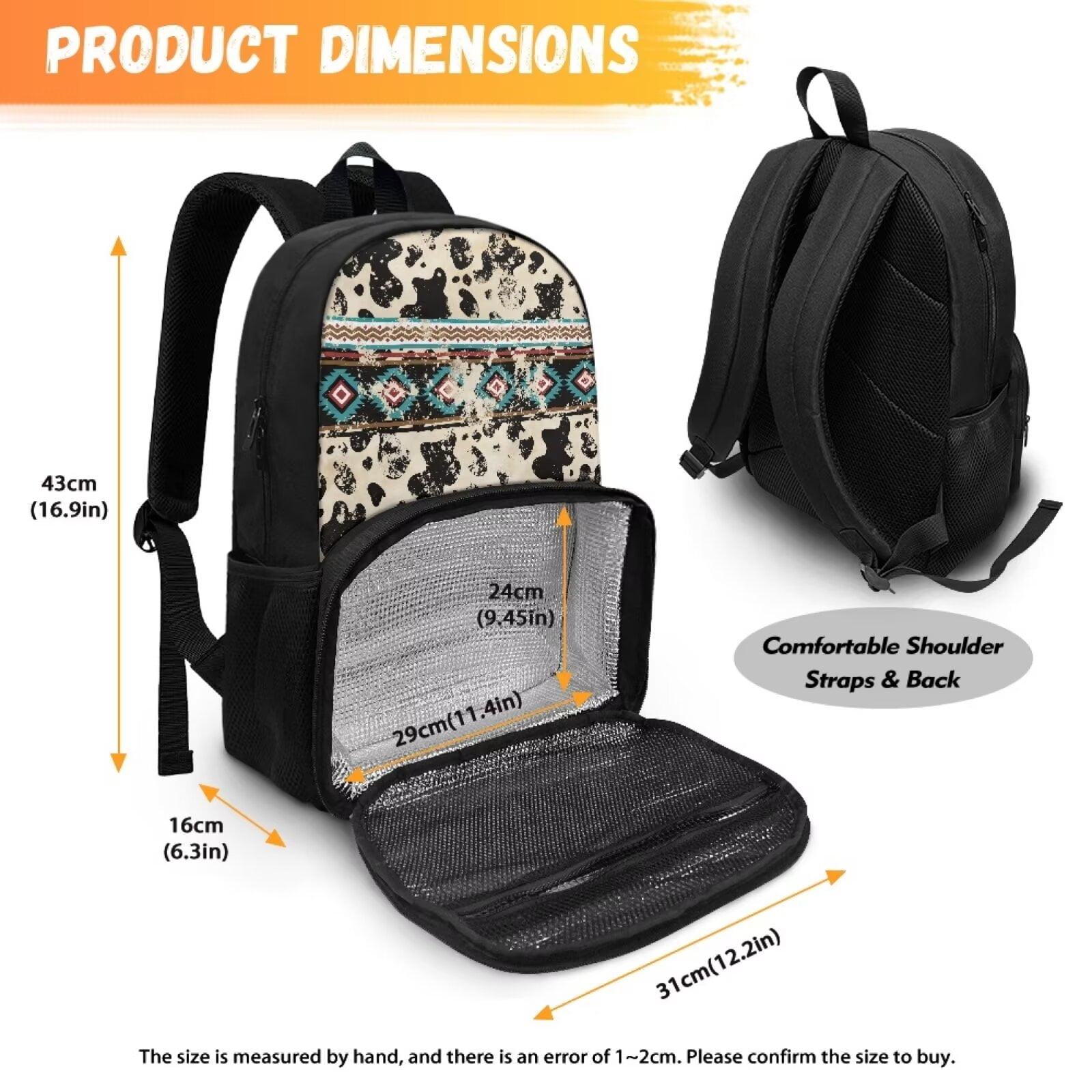 FOR U DESIGNS Soft Lunch Backpack for Women Men, Primary School Bag with Lunch Bag Compartment Aztec Cow Print Book Bag Large Capacity Work Office Daypack