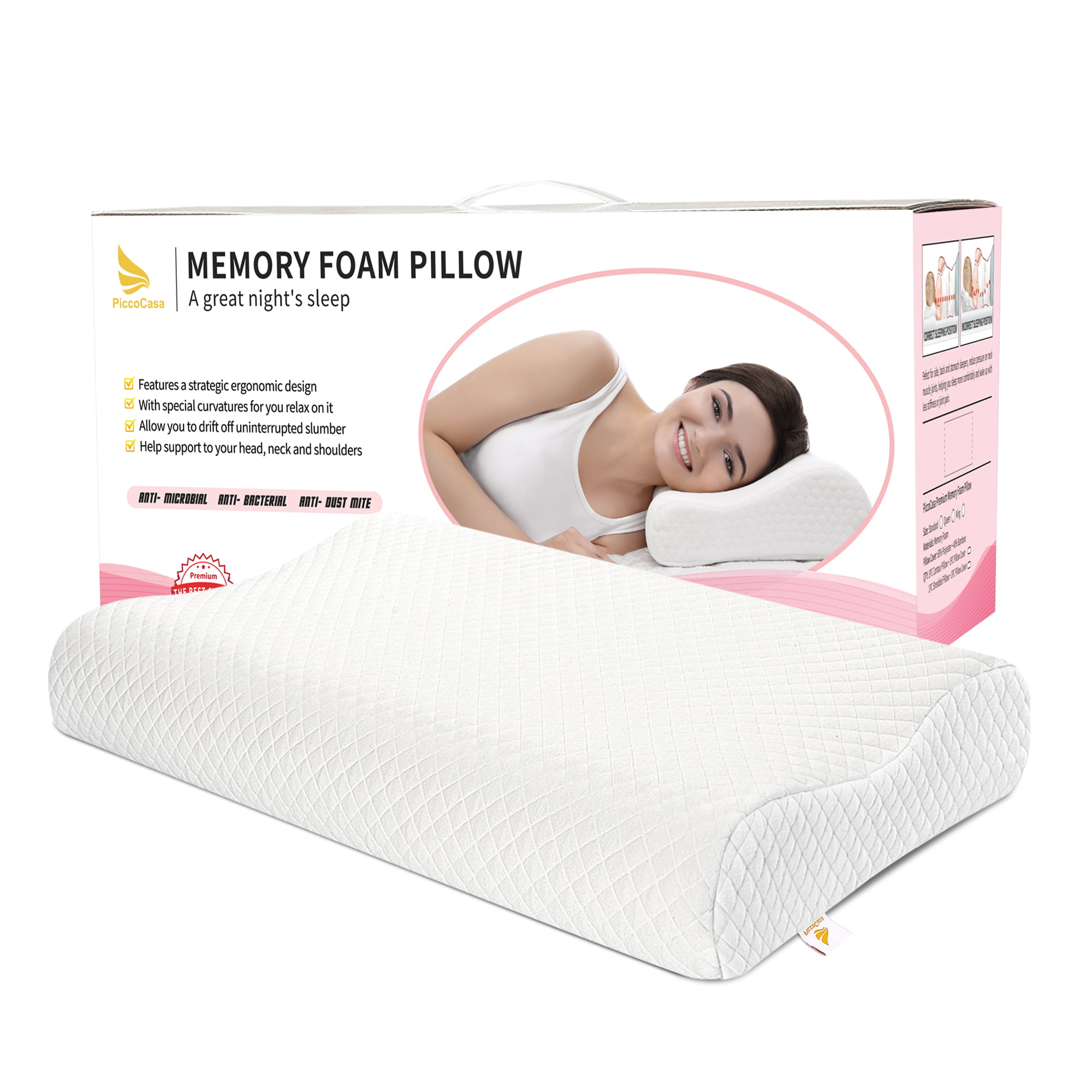 Contour Memory Foam Pillow for Neck Pain Relief, Adjustable 