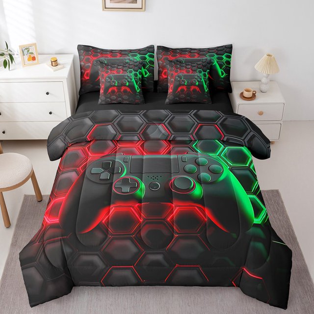 Ensemble de Literie Tout-en-un Console de Jeu 7 Pcs Grand Lit pour Garçons Filles Enfants Espace Univers Ensembles de Literie de Jeu Ensemble de Couette de Jeu Vidéo avec Draps Déco de Salle de Jeux Ensemble de Lit Rouge Vert Géométrie Nid d'Abeilles Ensemble de Draps