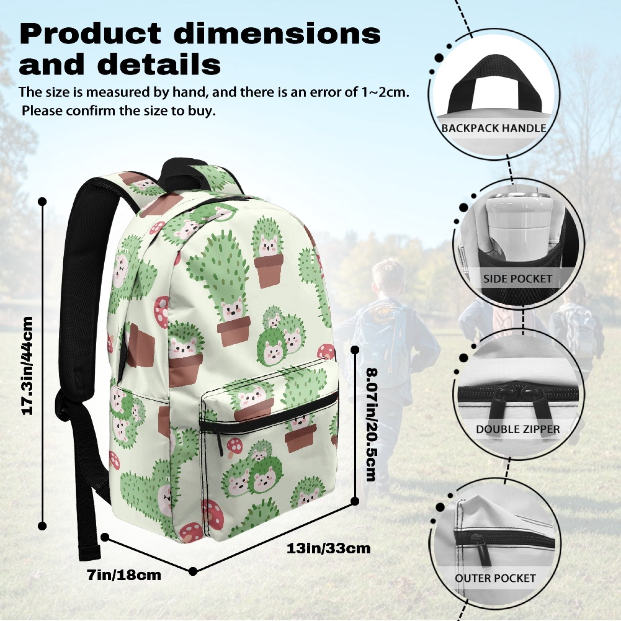 Uourmeti Cute Casual Backpack with Cactus Hedgehog Design - Great for Daily School and Outdoor Travel