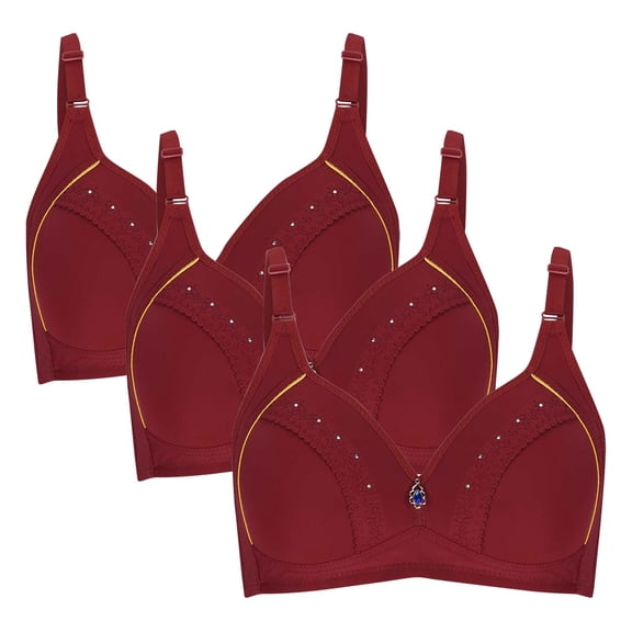 3 Pack Soft Womens Bras Wirefree, Gloss Embroidery Comfort Support Bra, Breathable Padded Push Up Daily Undergarment Bra Set for Weekend | TruHer,Red 36