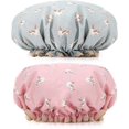 thumbnail image 1 of KAIYANG Paquete de 2 gorros de ducha de doble capa, impermeables, con borde con volantes que cubren las orejas (estilo 1), estilo 4, 1 of 5