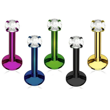 - Labret Monroe Internally Threaded Anodized Titanium Round Prong Gem 16G Lip
