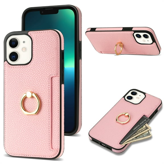 Allytech iPhone 12 Case, iPhone 12 Pro Case with Ring Holder, Premium PU Leather Cards Holder Kickstand Slim Fit Shell Shockproof Drop Protection Wallet Case Cover for Apple iPhone 12/ 12 Pro-Pink