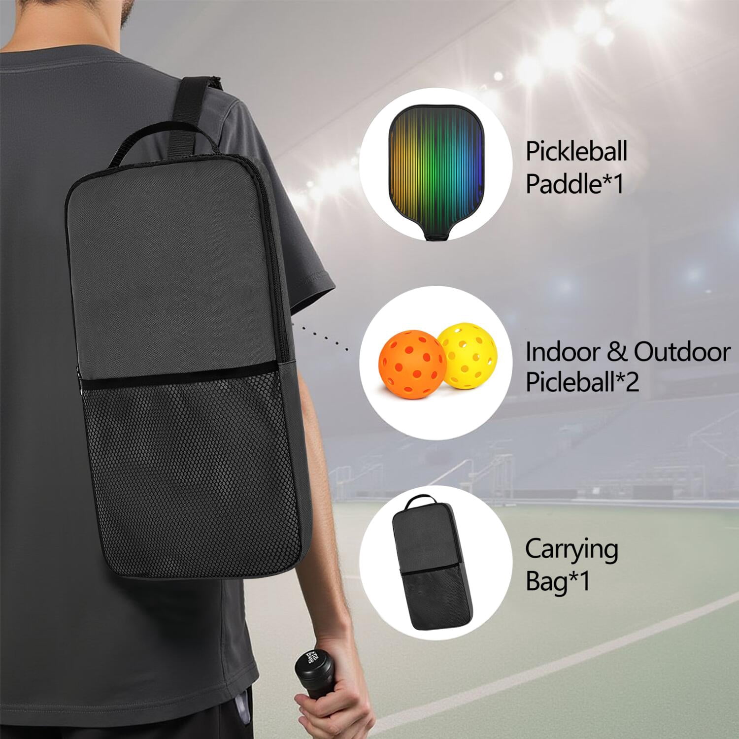Pickleball Paddles Set Of 1, Fiberglass Surface, Vibrant Rainbow Print, 1 Paddle, 2 Balls & Bag