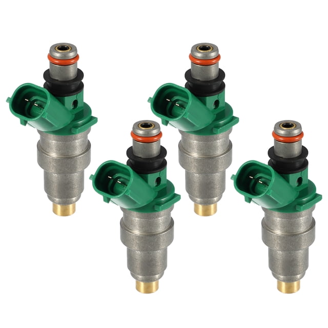coche combustible inyector boquilla para toyota paseo 1.5l - 4 unidad plata tono conjunto de 4 inyectores de combustible con cuerpo metálico plateado y conector plástico verde, 2 clavijas y sello tórico naranja visible; vista centrada y frontal sobre fondo blanco. A menudo se usan como reemplazo directo para motores 1.5L 5E-FE en Toyota Paseo/Tercel; instalación profesional recomendada.