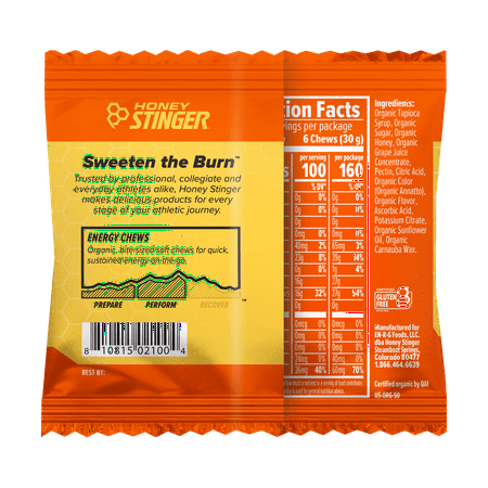 Honey Stinger Organic Energy Chews, Orange, 1.8 oz, 12 Count Box