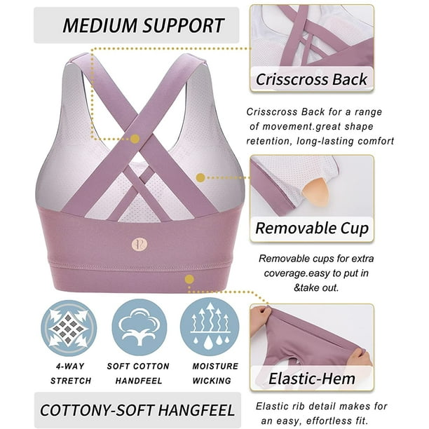 Sports Bra for Women, Criss-Cross Back Padded Strappy Sports Bras Medium  Support Yoga Bra with Removable Cups Purple XXL