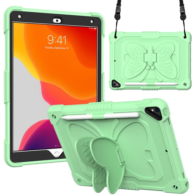 Case for iPad Pro 10.5 Inch / iPad Air 3rd Generation 2019 with Butterfly Stand, Shockproof Protective Tablet Cover with Pencil Holder Shoulder Strap for Kids Girls, Green