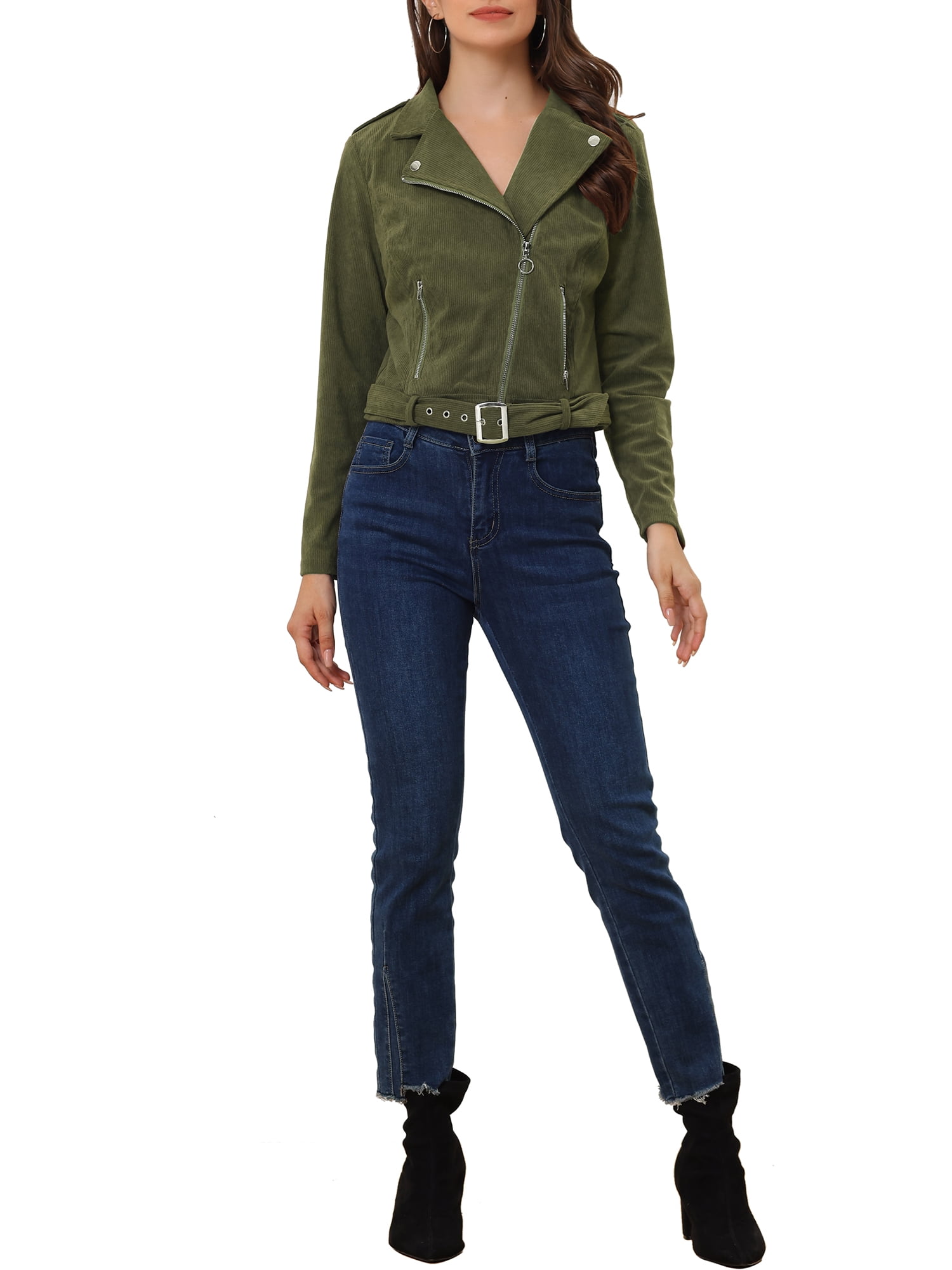 Unique Bargains Women's Corduroy Notched Lapel Zip Up Motorcycle Jacket