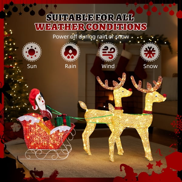 Lighted Christmas Reindeer & Sleigh Set, 270 Warm White LEDs, Collapsible Design for Indoor, Outdoor Home, Yard Decor