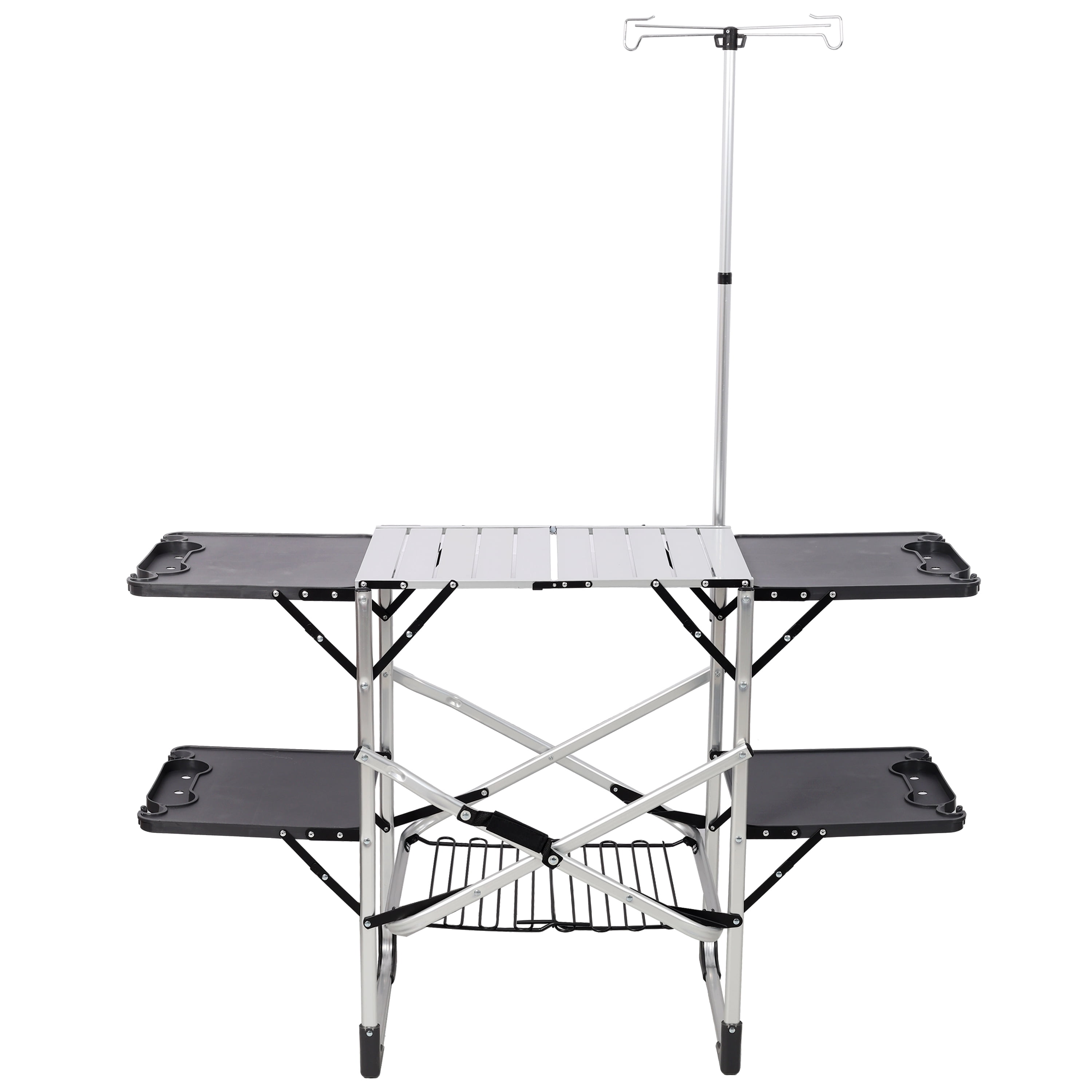 Folding Camping Cooking Station with Heat Resistant Top, 4 Side Tables, Storage Rack & Lamp Post, Portable Outdoor Kitchen Prep Table for Picnic Tailgating Camping