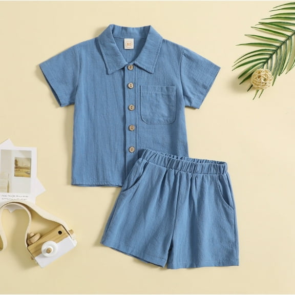 Toddler Baby Boy Summer Clothes Cotton Linen Short Sleeve Solid Button Down Shirt Shorts Set Outfits with Pockets
