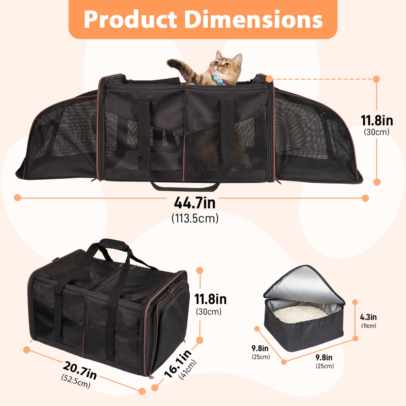 LitaiL Cat Carrier for 2 Cats, 2-in-1 Double Pet Carrier with 2 Litter Boxes, Portable Soft Sided Dog Carrier for Traveling, Black