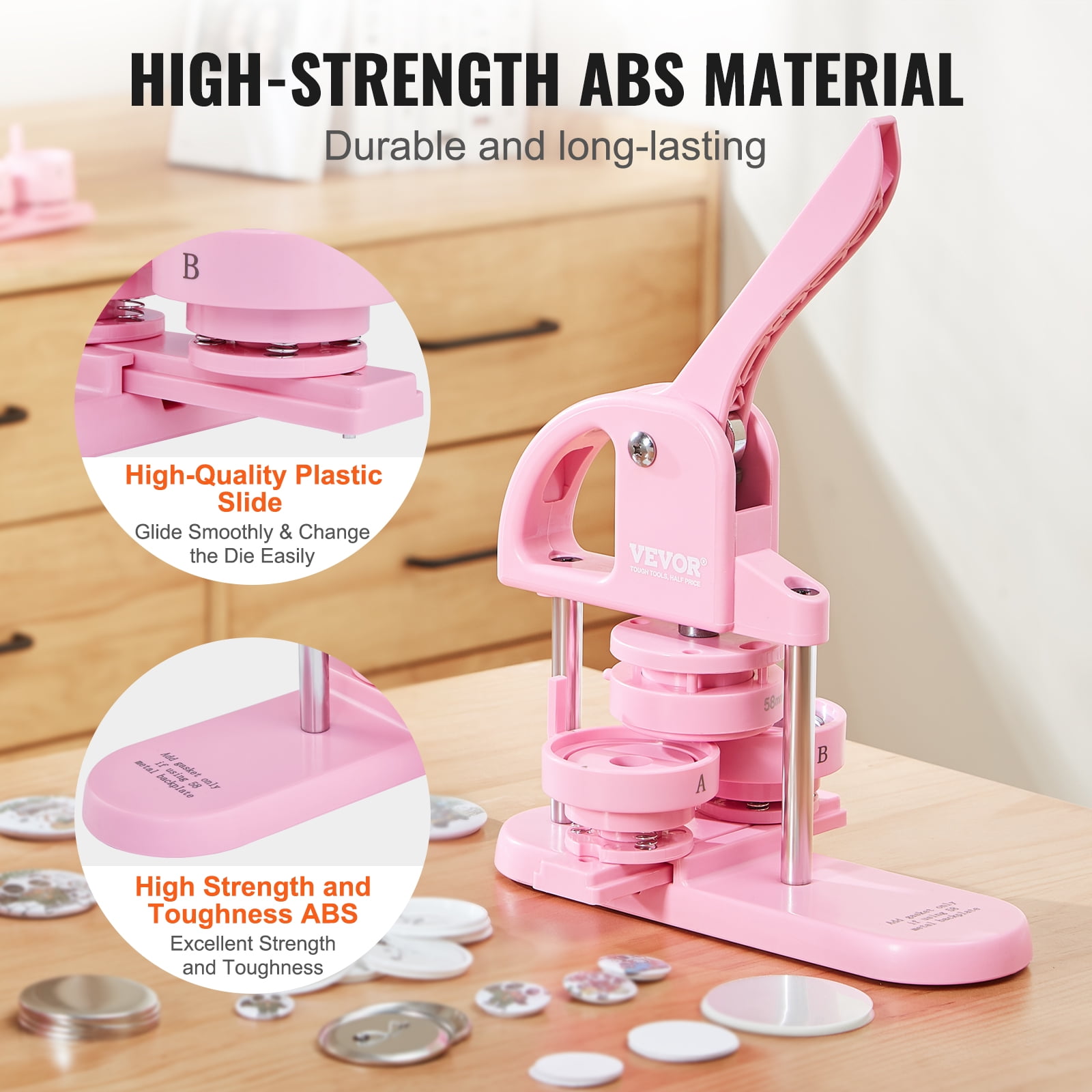 VEVOR 3-IN-1 Button Maker, 1/1.25/2.28 inch(25/32/58mm) Pin Maker, 300pcs Button Parts,Button Maker Machine with Panda Magic Book, Ergonomic Arc Handle Punch Press Kit, For Children DIY Gifts,Pink