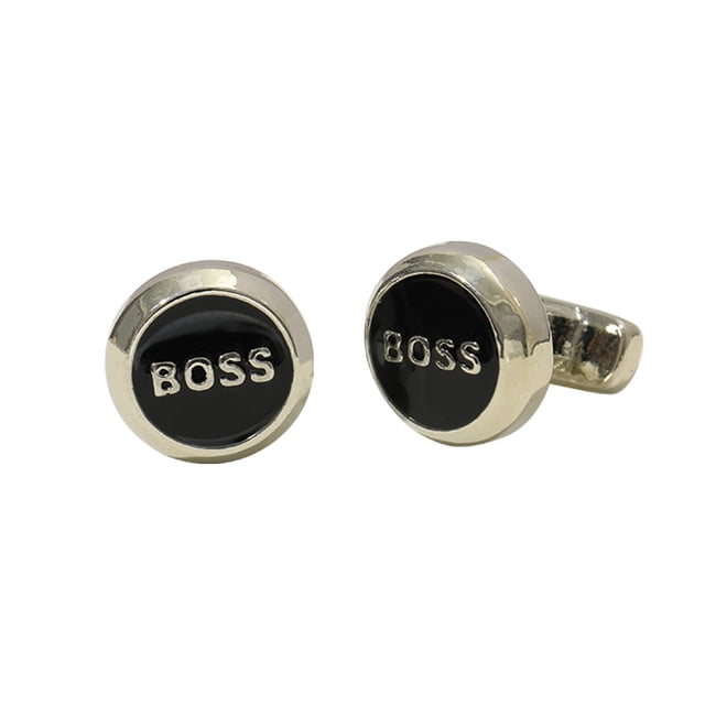 Cuff Links BOSS de aleación plateada, redondo, esmaltado negro, para hombre