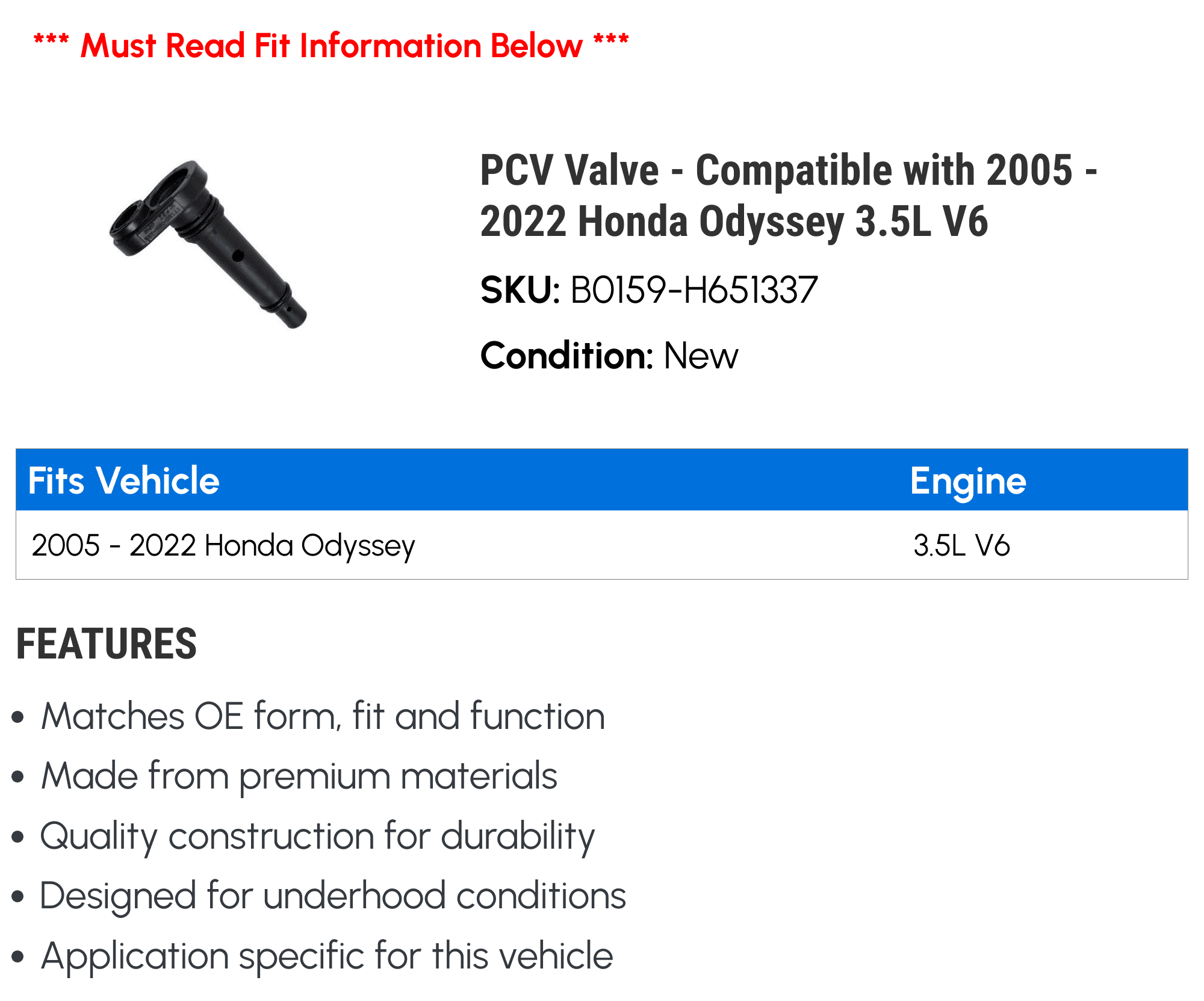 PCV Valve - Compatible with 2005 - 2022 Honda Odyssey 3.5L V6 2006 2007 2008 2009 2010 2011 2012 2013 2014 2015 2016 2017 2018 2019 2020 2021