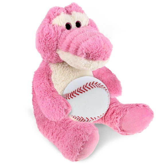 DolliBu Sitting Pink Alligator Stuffed Animal with Baseball Plush - Soft Huggable Alligator, Playtime Plush Toy, Cute Wildlife Gift, Super Soft Plush Doll Animal Toy for Kids and Adults - 10 Inches