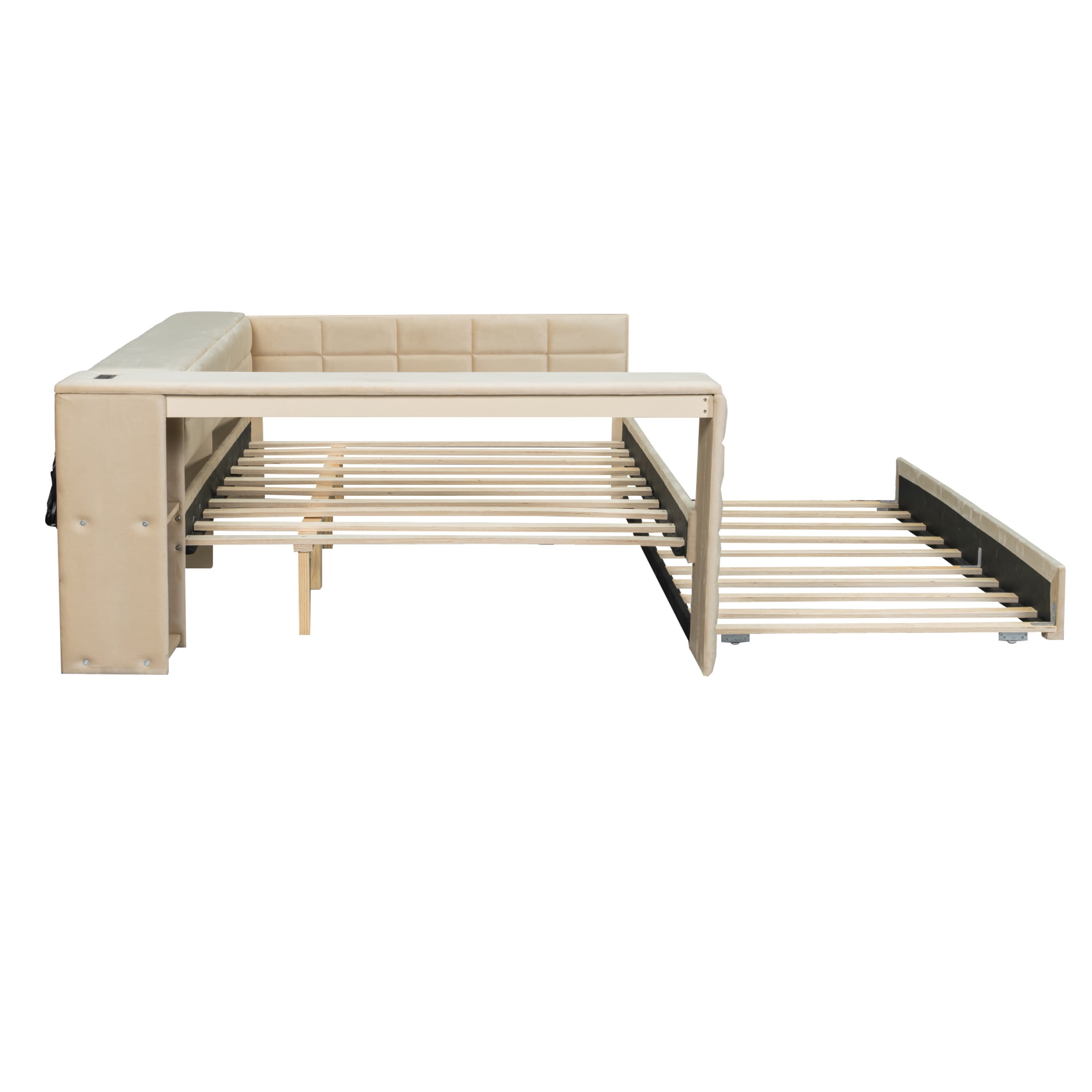 Noble House Sonoma Full Velvet Upholstered Bed with Trundle, Side Desk, Charging Station and Storage Shelves, Beige