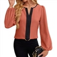 thumbnail image 2 of Blusas Elegantes de Larga para Mujer, con Cuello en V y Bloques de Color, para Negocios y Trabajo, Ropa de Moda para Otoño. Coral M, 2 of 10
