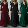 thumbnail image 1 of Robe de Soirée pour Femme Unie à Manches Longues, Col en V, Drapée, Longueur au Sol, Robe Aguichant Formelle pour Dames, Robe de Fête/Boîte de Nuit, Rouge Vin, Taille M, 1 of 4
