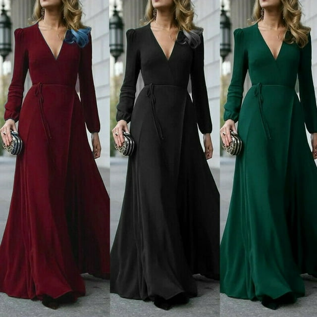 Robe de Soirée pour Femme Unie à Manches Longues, Col en V, Drapée, Longueur au Sol, Robe Aguichant Formelle pour Dames, Robe de Fête/Boîte de Nuit, Rouge Vin, Taille M