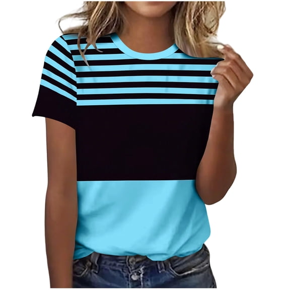 yillto Women Summer Tshirts Striped Short Sleeve Tee Tops Round Neck Casual Dressy Tunic Blouse Outfits