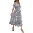 thumbnail image 4 of Women Summer Off Shoulder Floral Dress Casual Boho Elastic Waist Button Down Split Long A Line Dress Ruffle Sundress, 4 of 9
