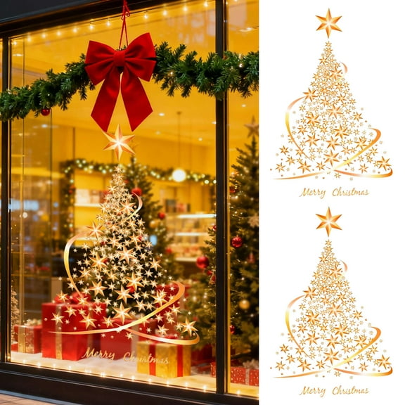 Deago Golden Christmas Tree Window Clings Stickers for Glass, Large DIY Static Wall Window Door Mural Showcase Decal Sticker (2 Pack)