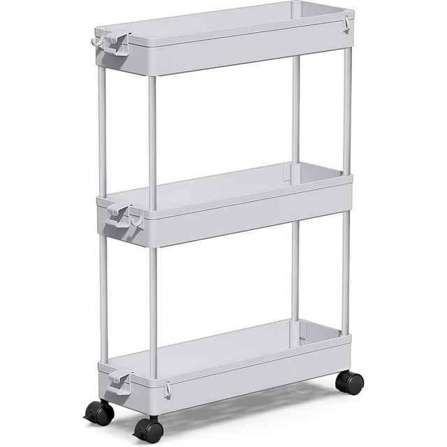 LLMRR 3 Tier Slim Rolling Cart, Rolling Storage Cart with Lockable Wheels, Bathroom Storage Cart, Mobile Shelving Unit Cart, Storage Organizer for Kitchen Bathroom, Gray